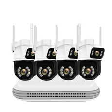 8MP PTZ WIFI 카메라 키트 듀얼 렌즈 PTZ IP 카메라 스마트 홈 나이트 비전 ICSEE APP NVR 야외 8CH 무선 C, 01 영국 플러그, 03 500g, 01 NVR With 4PCS Camera
