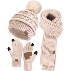 여성용 겨울 비니 모자 스카프 장갑 세트 따뜻한 폼폼 롱 니트 미끄럼 방지 터치스크린 플리스 안감 선물 추운 날씨용 생일 크리스마스 성인용 140773, 여성용 겨울 비니 모자 스카프 장갑 세트, 따뜻한 폼폼