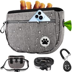 대형 6컵 강아지 간식 파우치 클리커 포함 애완동물 훈련용 크로스오버 셀프 클로징 백 내장형 배변봉투 디스펜서 46인치 무료 손잡이 허리띠 산책용 옥스포드 원단 이중 포켓 회색