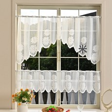 DFMEI 新款雙生花半簾兩件裝窗紗穿杆成品經編蕾絲窗簾廚房紗簾, 白色