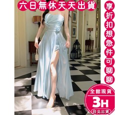 梨卡 法式平口立體花朵前開叉長版連身裙, 如圖色,L-現貨馬上出貨, 如圖色