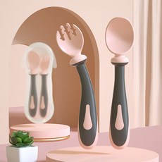 嬰兒輔食餐具 寶寶練習勺叉 帶收納盒, 粉灰 粉灰