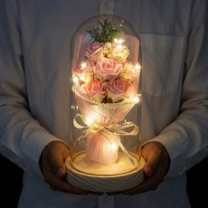 데이나 LED 유리돔 프리저브드 꽃다발 무드등, 핑크