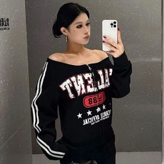 투니스 여성 오프숄더 프린팅 배색 집업 긴소매 맨투맨 티셔츠