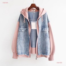 秋冬連帽拼接牛仔外套
