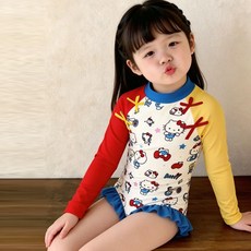 Sorpci헬로 키티 어린이 캐릭터 나염 긴팔 래쉬가드 속건 원피스 수영복