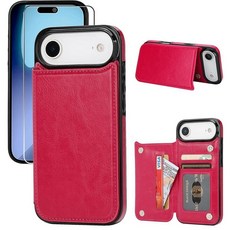 JOYAKI 카드 홀더가 있는 아이폰 17 에어 지갑 케이스 PU 가죽 킥스탠드 카드 슬롯 케이스 액정보호필름 이중 자석 걸쇠 및 내구성 있는 충격 방지 커버 16.8cm, 로즈 레드