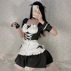 핑크셀럽 여성 할로윈 코스튬 메이드복 + 스타킹 세트 MD12