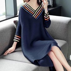 ROYALBELLE 여성 브이넥 스트라이프 배색 칠부소매 미디기장 빅사이즈 루즈핏 캐주얼 중년여성 원피스 R0022812
