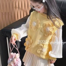 Olli kids女童花朵針織馬甲蕾絲假兩件上衣