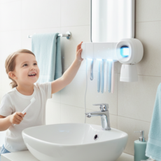 무타공 24시간히팅살균 건조 벽걸이 칫솔살균기 거치대 면도기 살균, 화이트, 전기코드 유선형