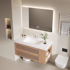 複古詫寂風藤編浴室櫃組合，可麗耐一體盆，日式實木洗手台，多功能收納儲物，臉盆洗手台浴室櫃, 1.8米柜子加無縫陶瓷盆+智能鏡子, 1個