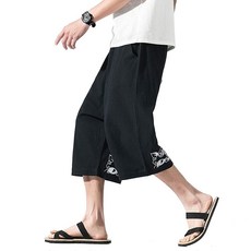 DOSLAVIDA 남성용 리넨 하렘 카프리 팬츠 루즈핏 요가 비치 반바지 신축성 있는 허리 와이드 레그 배기 크롭 팬츠 블랙1. 151492