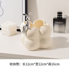 陶瓷收納筒，可愛小兔造型桌面置物盒, 棉花糖收納筒帶小兔【米白】