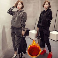 韓版金絲絨運動套裝女，秋冬加絨加厚連帽衛衣休閒兩件套，學生時尚運動服