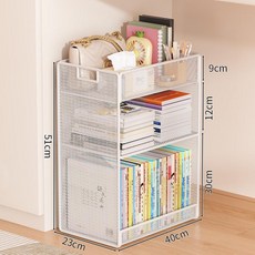 꾸꾸상점 2단계단식책꽂이 수납 책장 선반 바퀴, 1단, 화이트 3단 40cm 바닥형 - 조밀한 망