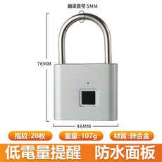 指紋鎖 鋅合金材質 防水面板 USB充電 可儲存20組指紋 防撬防盜, 1個