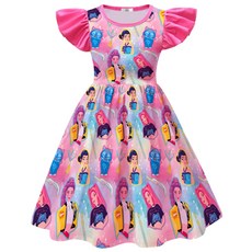 新款 獵魔女團新款 印花 中大女童飛飛袖公主裙連衣裙88444, 1個, 88444款