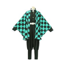 摩達客 萬聖派對變裝扮 兒童鬼殺隊炭治郎五件組（黑色上衣/褲子/外衣/皮帶/綁腿) Cosplay