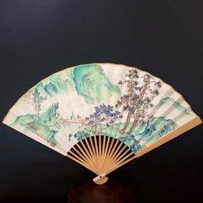 任重青綠山水畫 古風手繪扇面 文玩摺扇 扇子 國畫 9.5寸18方2.0排口, 如圖所示, 1個