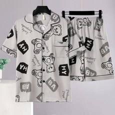 男士睡衣 短袖卡通眼鏡熊兩件套家居服套裝