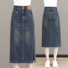 ORZQU 여성 데님 스커트 빅사이즈 하이웨스트 밑단 트임 캐주얼 미디 워싱 데님 스커트