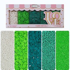 Confect St. Patricks 그린 & 화이트 펄 스프링클 베이킹 및 케이크 장식용 꽃 및 잎 식용 스프링클 믹스 5개 팩 비건 글루텐 프리 견과류 프리 콩, 140g