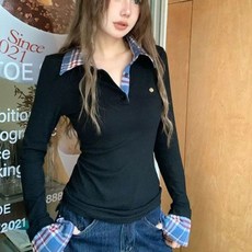 투니스 여성 슬림핏 체크 스플라이싱 투피스 디자인 긴소매 티셔츠