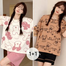 Flyaiku 1+1 여성 홈웨어 잠옷 캐릭터 반팔 반바지 여름 파자마 투피스 세트