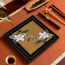 四方幹泡茶盤國風復古速幹吸水茶托盤創意壺承功夫茶具茶臺茶盤 茶托 茶臺 泡茶組 茶具組 茶道, 贈花表意—正方形【21*21cm】, 1個