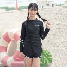 코코드림 주니어용 여자 통통 두줄 하프집업 긴팔 반바지 수영복 상하 세트 2508