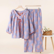 國風九分袖純棉雙層紗布睡衣女春夏季薄款長褲家居服套裝