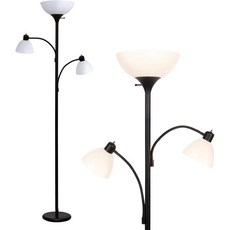 Brightech Sky Dome 더블 LED 플로어 램프 거실 및 사무실용 초고휘도 독서등 2개 포함 토치형 램프 - 침실 독서용 밝기 조절 가능 키 큰 스탠드 긴 블랙 폴, Jet Black