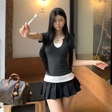 Yellwel 복고 스타일 투피스 티셔츠 배색 디자인 몸매 보정 여름 여성용 DJP