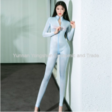여자점프슈트 광택 날씬해보이는 섹시한 수트형 여자지퍼 타이트 탄력 매끄러운 유행패션 싸이클자켓 헬스 전신연결 바지