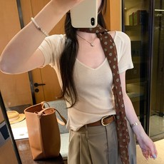 얇은 V넥 반팔 티셔츠 여성용 여름 소형 사이즈 숏탑