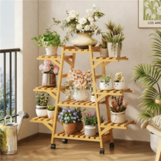 베란다화분정리대 이동식 대나무 화분선반대, 9단, A형 휠 달린