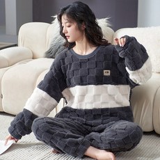 남여공용 겨울 데일리 극세사 따뜻한 파자마 세트 루즈핏 체크 스판 커플 수면 잠옷