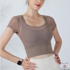 LUCISSI 假兩件透氣短袖運動上衣 網紗U領設計 彈力合身瑜伽健身服 咖啡色 L碼