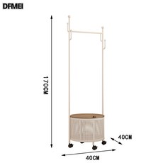 DFMEI 奶油風臥室落地掛衣架髒衣簍家用鐵藝衣服收納架簡易可移動衣帽架, 米白色藤編圓形款(長40高170)