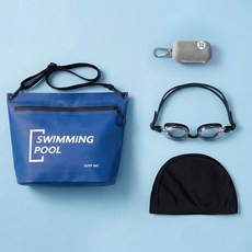 서프베이 방수 어린이 생존수영세트 가방+수모+수경+타월, 1세트, 블루