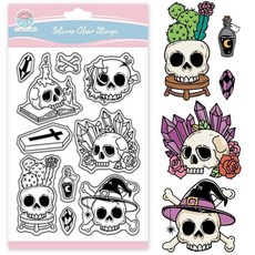 GLOBLELAND 할로윈 스켈레톤 투명 스탬프 스크랩북용 매직 스켈레톤 실리콘 스탬프 관 투명 스탬프 카드 제작용 DIY 엠보싱 저널링, Skull