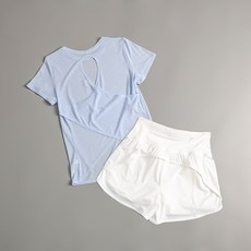 薄款瑜伽短袖後背鏤空運動套裝，短褲拉鍊防走光，速乾透氣彈力夏季健身服