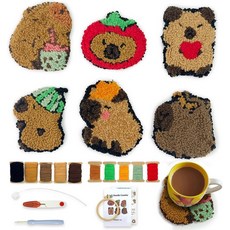 초보자를 위한 6pcs 카피바라 펀치 니들 코스터 키트 쉬운 아트 워크 자수 래치 후크 접착 펠트 얀 후프 지침이 포함된 DIY 러그 터핑