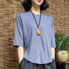 순면 고급 체형 커버 불규칙 티셔츠 여성용 중소매 배색 세련된 상의 빅사이즈 여름 셔츠