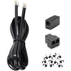 연장 전화선 10피트 흰색 표준 RJ11 플러그가 있는 케이블 분배기 1개 인라인 커플러 전화 통신용 클립 10개, 검정