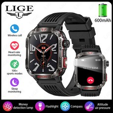 LIGE 남성용 충전식 스마트 워치 모든 스마트폰 연결 LED 손전등 방수 스마트워치 스포츠 600mAh 배터리, black, 1개