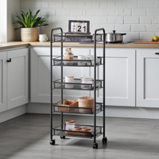 데이킨 이동식 슬림 트롤리 틈새 선반 수납, 블랙, 5단