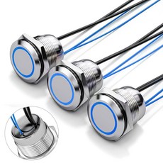 Flin 3피스 19mm 순간 LED 푸시 버튼 스위치 스테인리스 스틸 IP67 방수 12V 온 오프 오프로드 차량 스위치용 사전 유선 DC 20A 트랙터 스위치(블루 라이, 블루 모멘터리