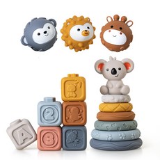 臺灣出貨 嬰幼兒手抓球玩具 軟膠方塊積木疊疊圈 捏捏手感球 堆疊玩具, 考拉方塊疊疊樂動物球套裝(16PCS)盒, 1個